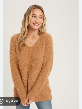 Bluivy Women's Fuzzy V-Neck Sweater in Camel
